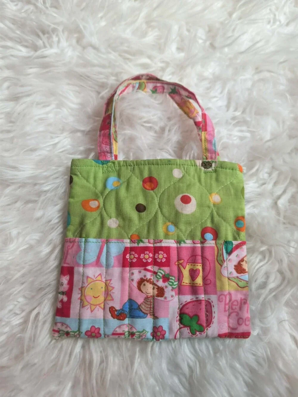 New Kids Quilted Patchwork Tote Bag in Green and Pink Strawberry Shortcake 2000s